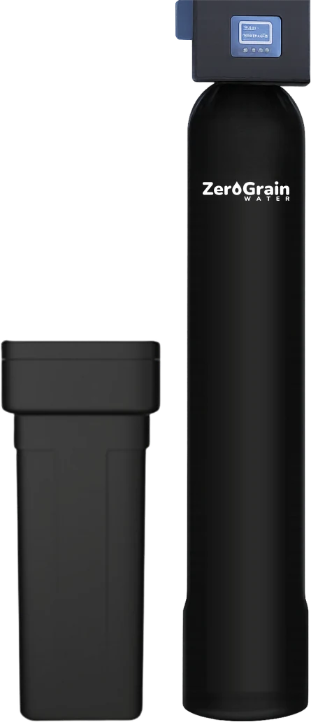 A softener and brine tank pair, plumbed in near where the water line enters a house